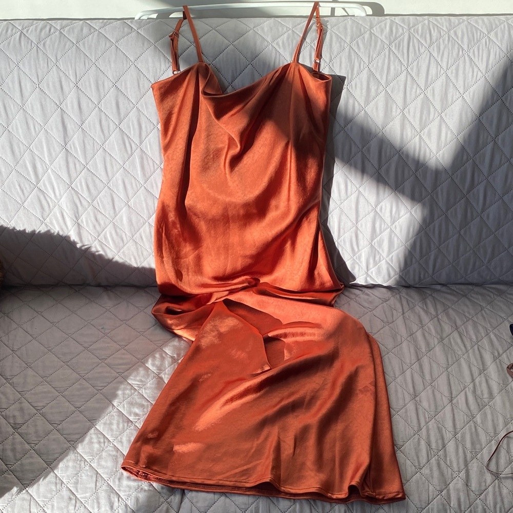 Satin Slip Midi Dress in Rust Orange